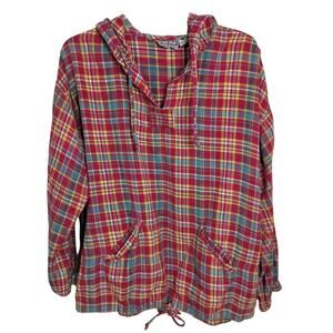 4687)Vintage 80s Bonjour Plaid Red Yellow Blue Preppy Anorak Cotton Hooded Large